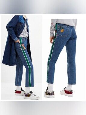 DESIGUAL Floral Embroidered Satin Stripe Mom Jeans  Blue Denim  Boho Chic 42